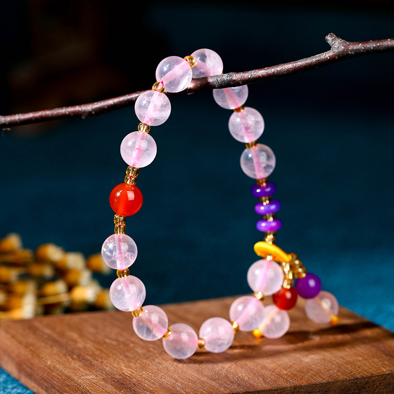 Natural Pink Crystal Nine Purple Fire Bracelet | Attract Love, Enhance Romance, Ward Off Evil, and Boost Luck Energy Crystal Bracelet