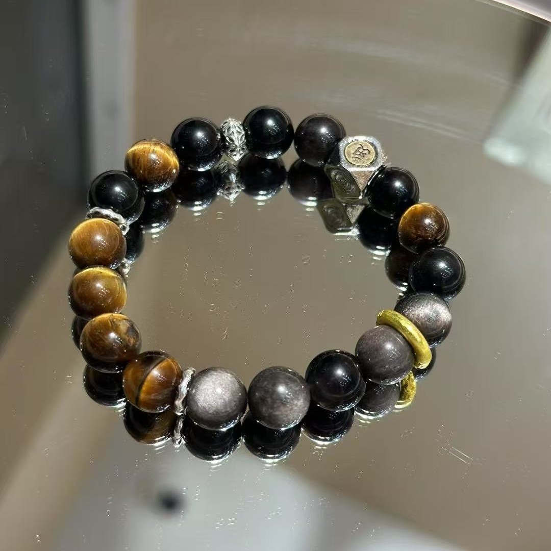 Natural Tiger Eye and Black Obsidian Six-Syllable Mantra Bracelet | Protective Energy Bracelet for Warding Off Evil and Bringing Good Luck