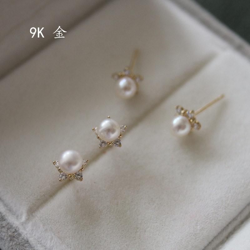 9K gold five-pointed star petal pearl stud earrings