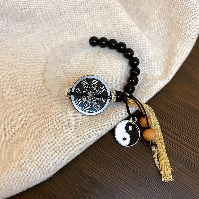Tai Chi Mountain Spirit Coin Bracelet, Taoist Energy for Warding Off Evil and Bringing Luck, Natural Jade Stone Bracelet.