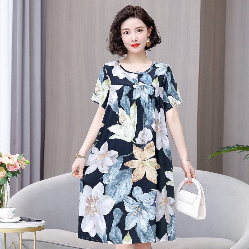 夏季地摊人造棉绸睡衣中老年成人短袖睡裙孕妇大码连衣裙一件代发
