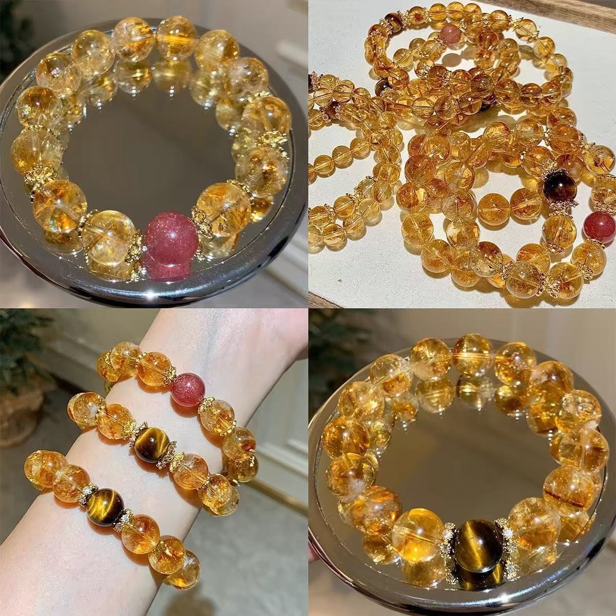 "Zhaocai Crystal Series" Natural Crystal Bracelet Yellow Tower Crystal Yellow Azeztulite Coexisting Strawberry Quartz Tiger Eye Bracelet