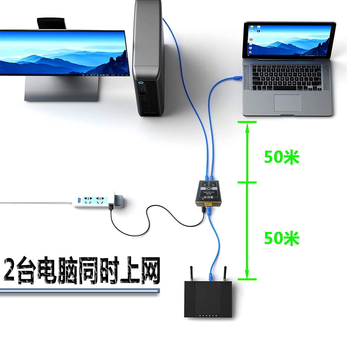 千兆网络分线器一分二同时上网网线分配器1分2台电脑同时上网