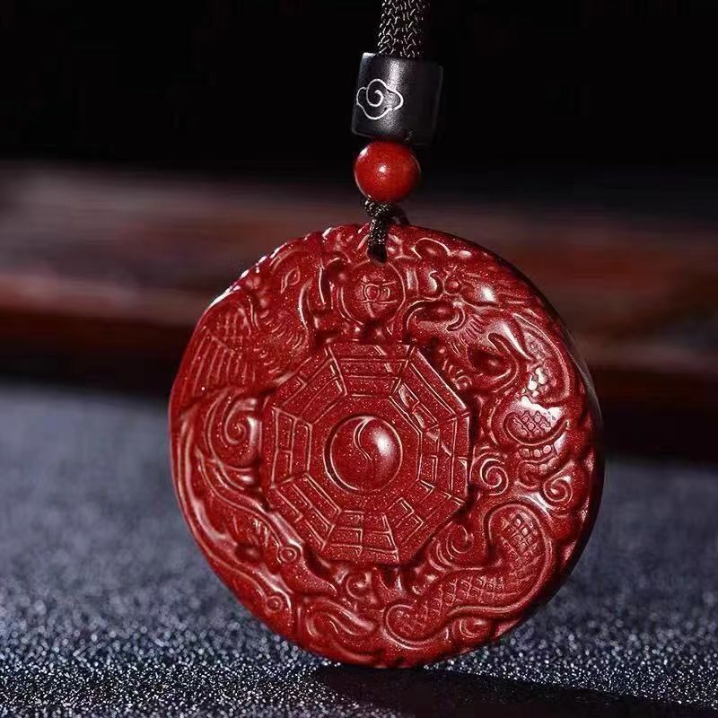Taoist Cinnabar Bagua Pendant with Dragon and Phoenix for Peace, Evil Warding, Protection, and Good Luck.