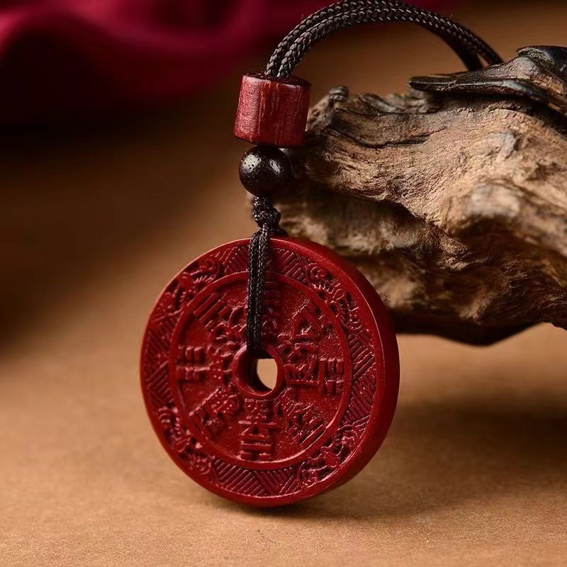 Taoist Cinnabar Mountain Ghost Coin Pendant - Evil Ward and Protection Natural Cinnabar Amulet, Feng Shui Wealth Attraction and Peace Talisman.