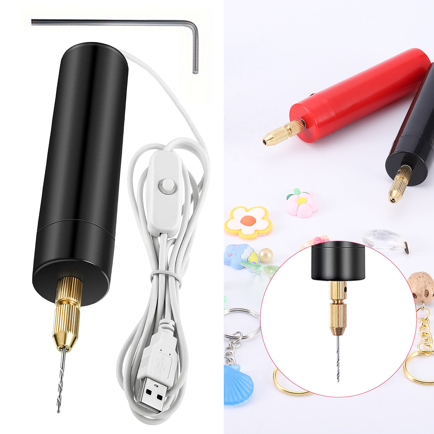 跨境中性包装款diy小电钻USB电动钻孔机 亚克力木材打孔钻配羊角