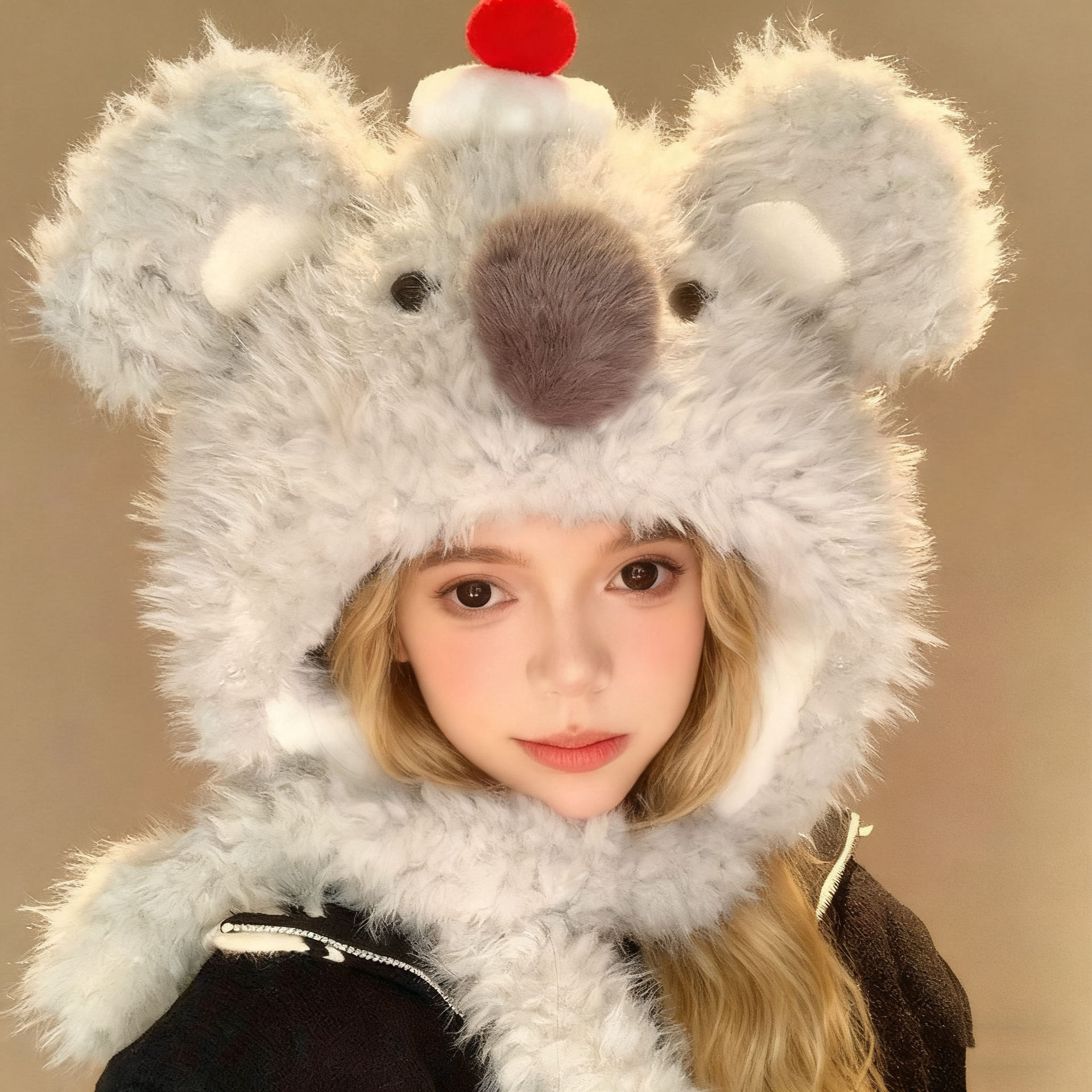 可爱耳朵会动的考拉毛绒帽女秋冬保暖护耳甜美百搭照显脸小雷锋帽