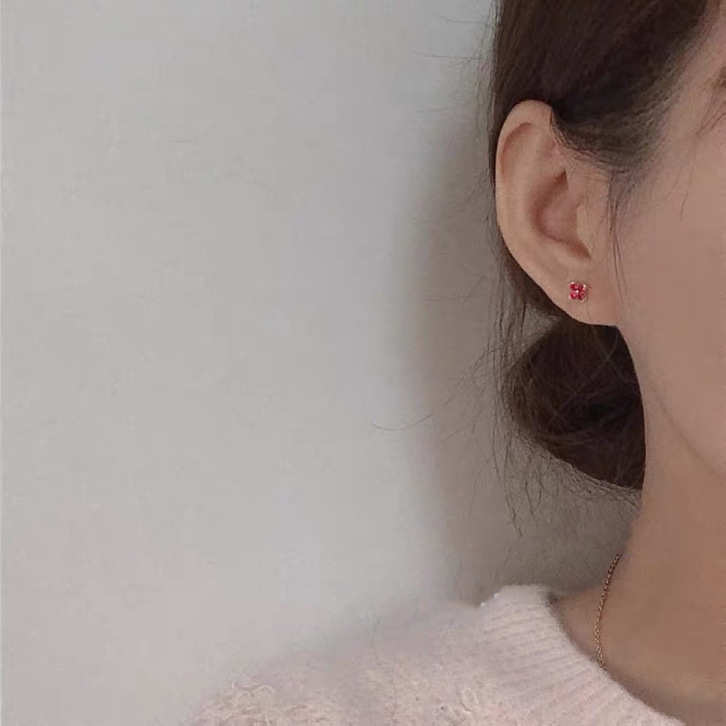 9K金 玫红小花耳钉