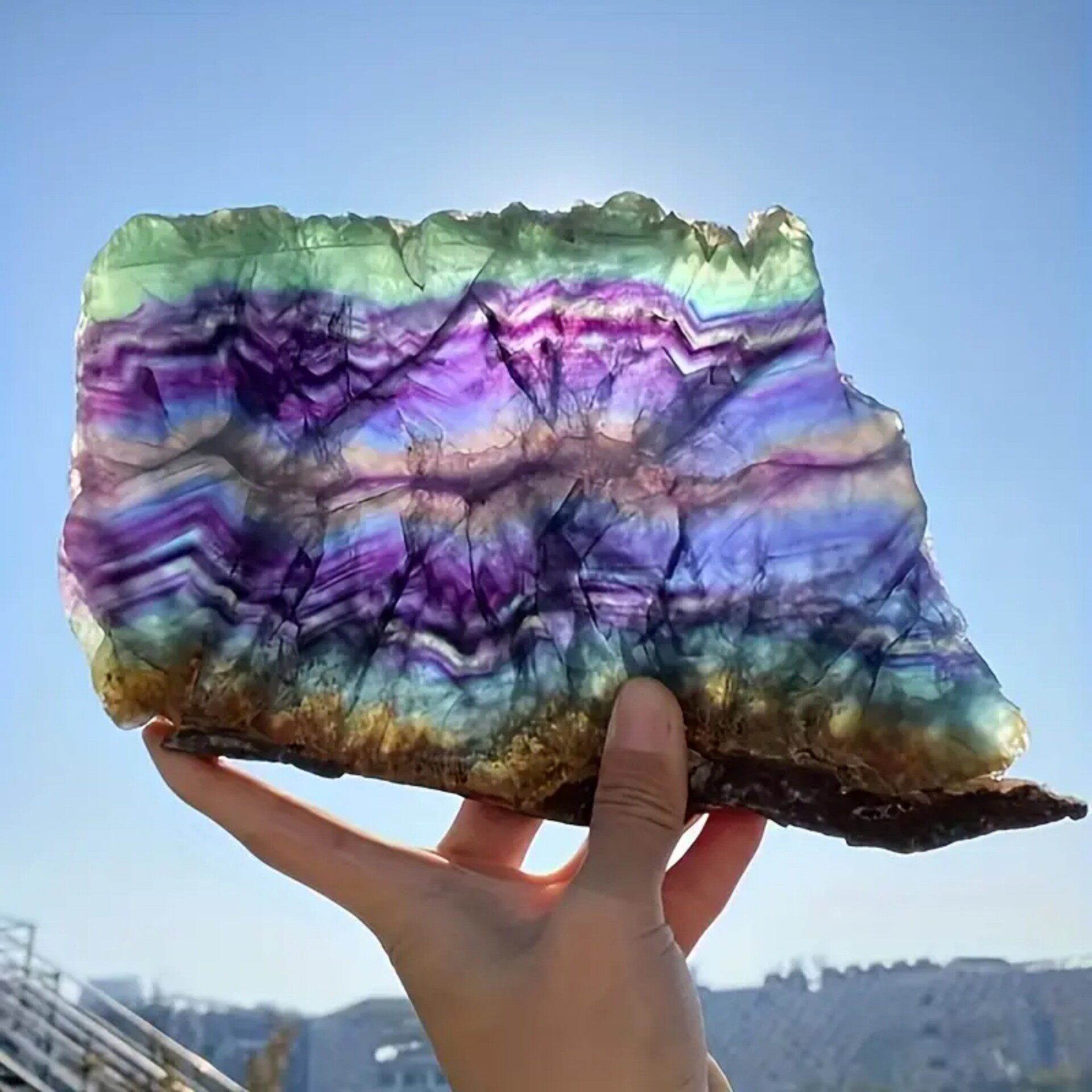 Rainbow Vista — Natural Fluorite Slice Display