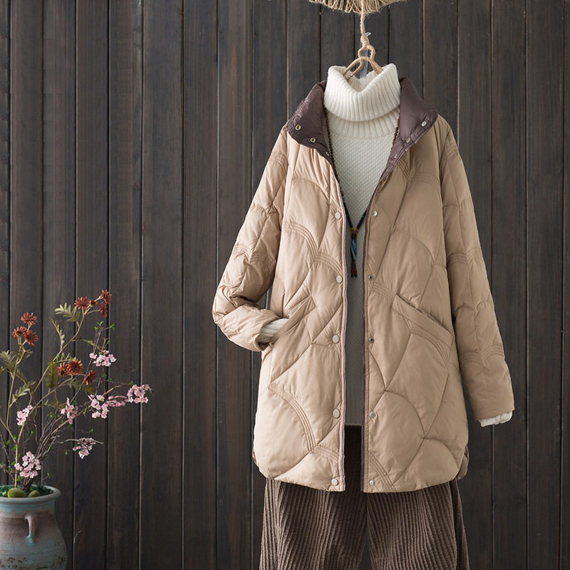 跨境秋冬轻薄款羽绒服女中长款白鸭绒时尚洋气复古祥云立领外套潮