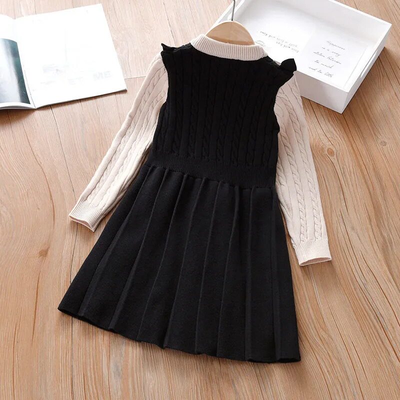 女童连衣裙秋冬新款中大童长袖毛衣针织裙花边学院风儿童裙子秋装