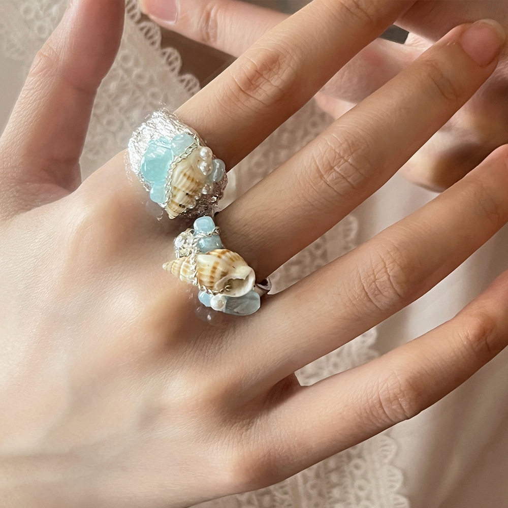 Aquamarine Shell Ring - Natural Ocean Crystal Bead Ring