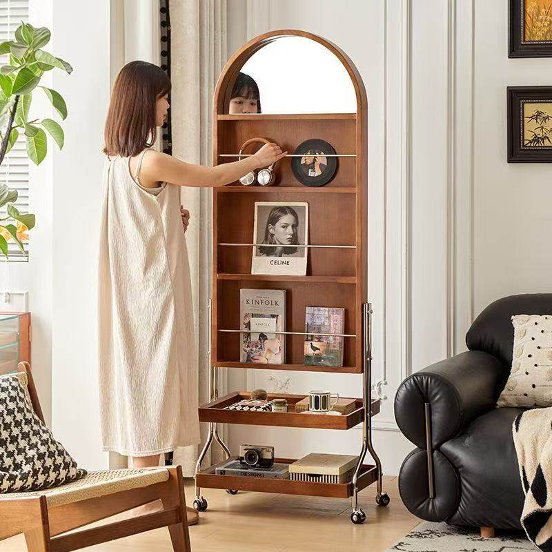 家用实木可移动穿衣镜客厅全身镜收纳置物架书架一体卧室落地镜子