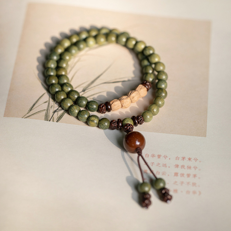 Taoist Green Sandalwood Bracelet | Natural Blessed Evil Ward Bracelet for Men and Women, Buddhist Mala Beads