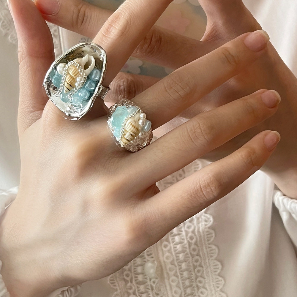 Aquamarine Shell Ring - Natural Ocean Crystal Bead Ring