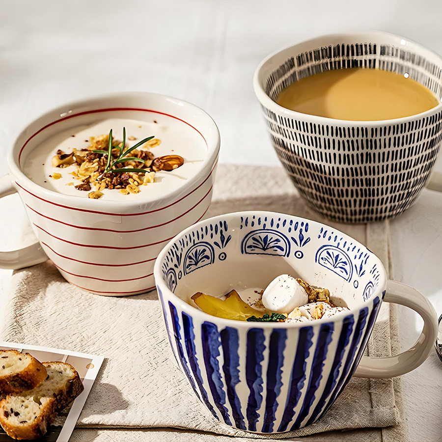 现货小众手绘简约大容量水杯陶瓷家用早餐杯不规则办公室咖啡杯