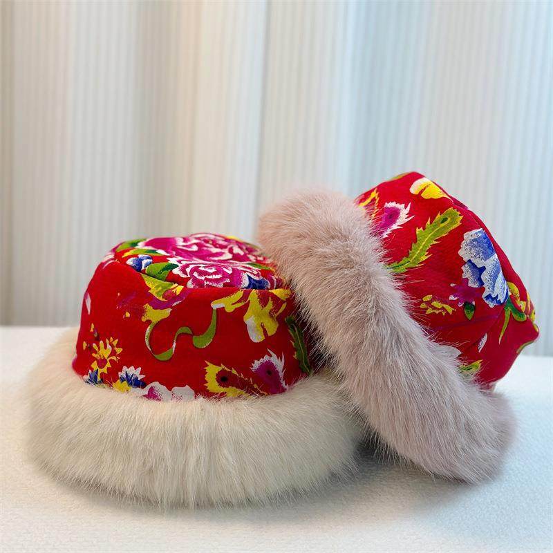 东北大花帽子2024新款民族风加厚毛绒渔夫帽防寒保暖蒙古帽秋冬季