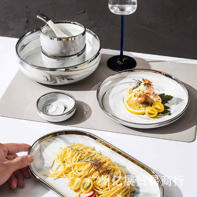 家用陶瓷饭碗鱼盘居家菜盘北欧餐具牛排盘大理石银边跨境陶瓷餐具