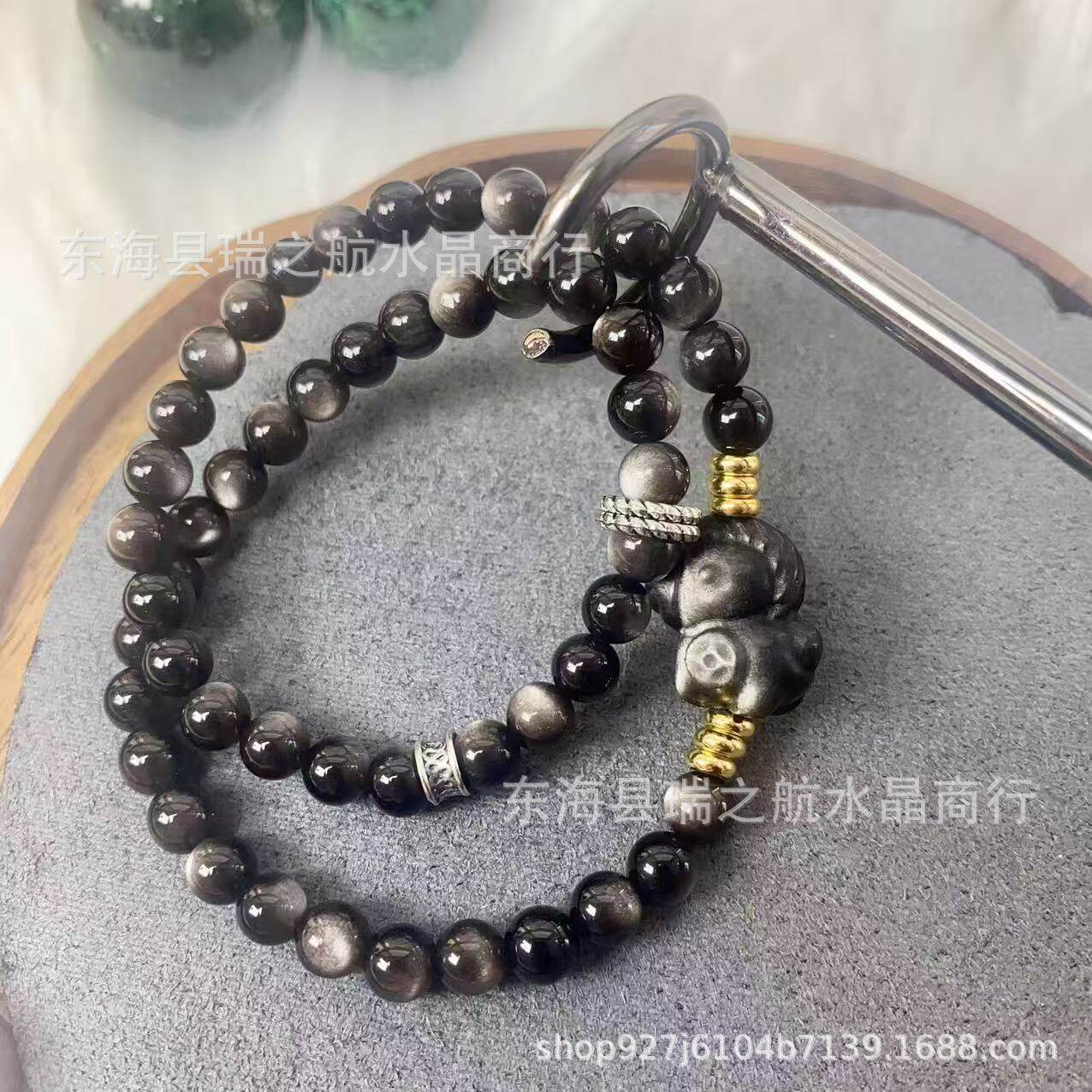 Double-Wrap Modern Chinese Silver Obsidian Bracelet