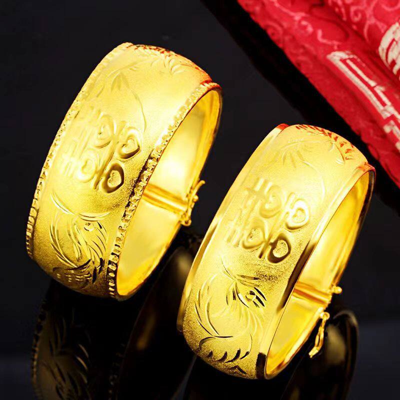 25mm仿真金双喜字手镯女新娘结婚首饰镀金龙凤镯子开口婚礼饰品