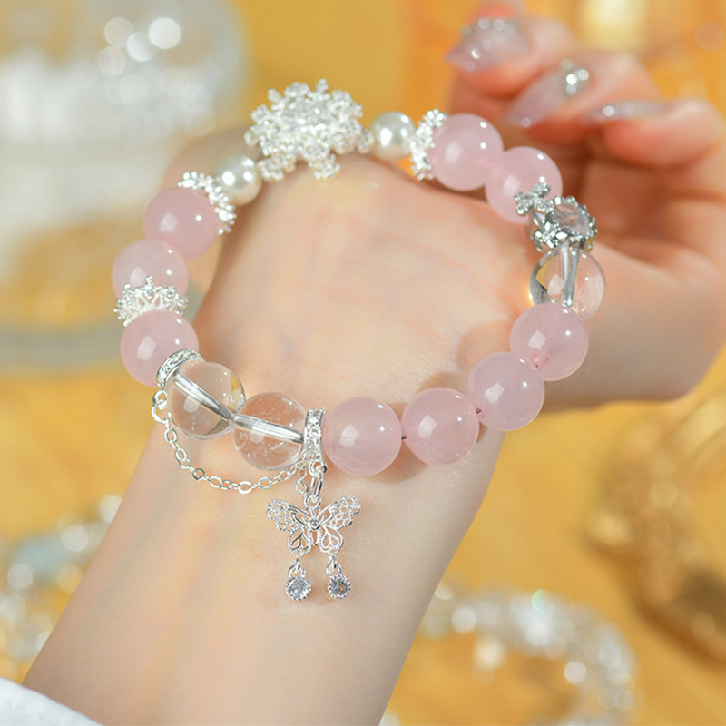 Natural Rose Quartz and Clear Crystal Snowflake Bracelet | Attract Love, Enhance Relationships, and Purify Spiritual Energy Bracelet