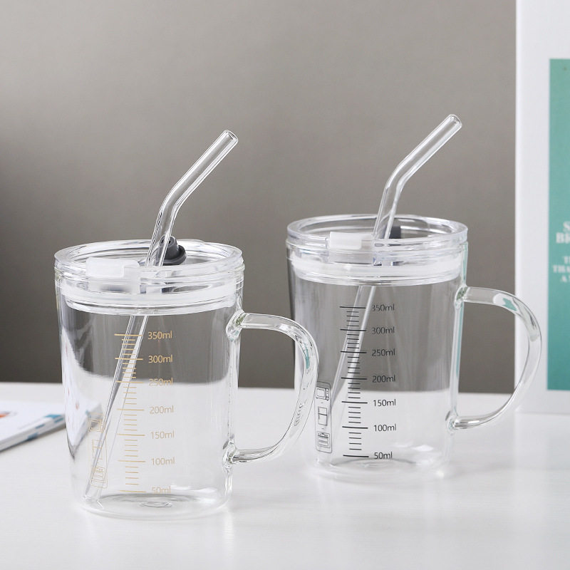 刻度牛奶杯高颜值喝水咖啡杯带盖家用微波炉吸管玻璃杯吸管杯