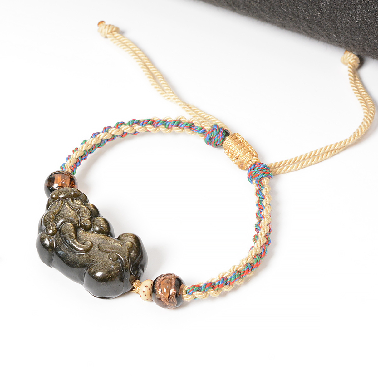 Natural Obsidian Golden Pi Xiu Necklace, Wealth Attraction and Evil Warding Talisman.