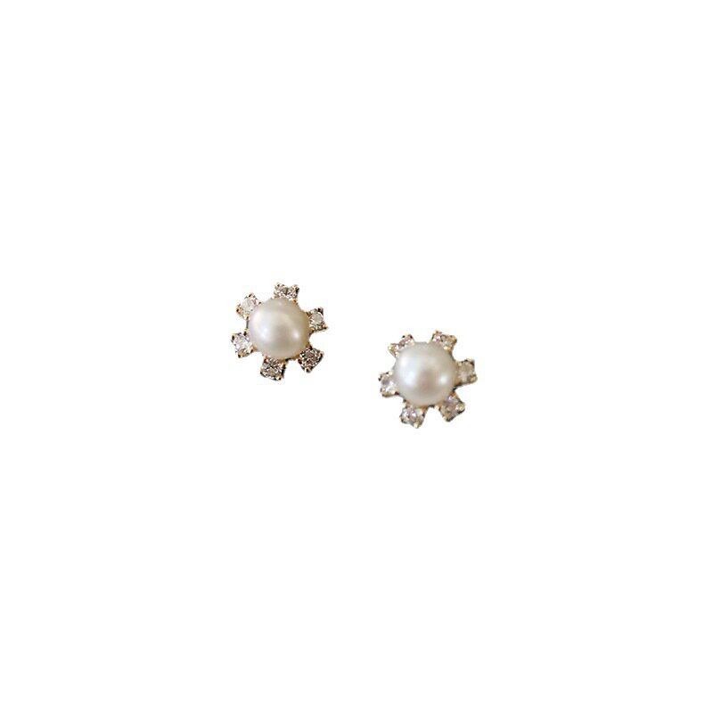 9K gold sunflower pearl stud earrings