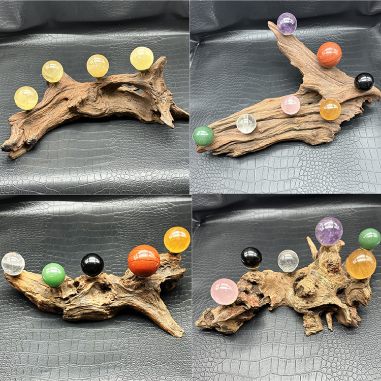 Natural Crystal Ball Seven-Star Array Ornament Root Carving | Feng Shui Decor for Wealth and Luck | Home and Office Decoration