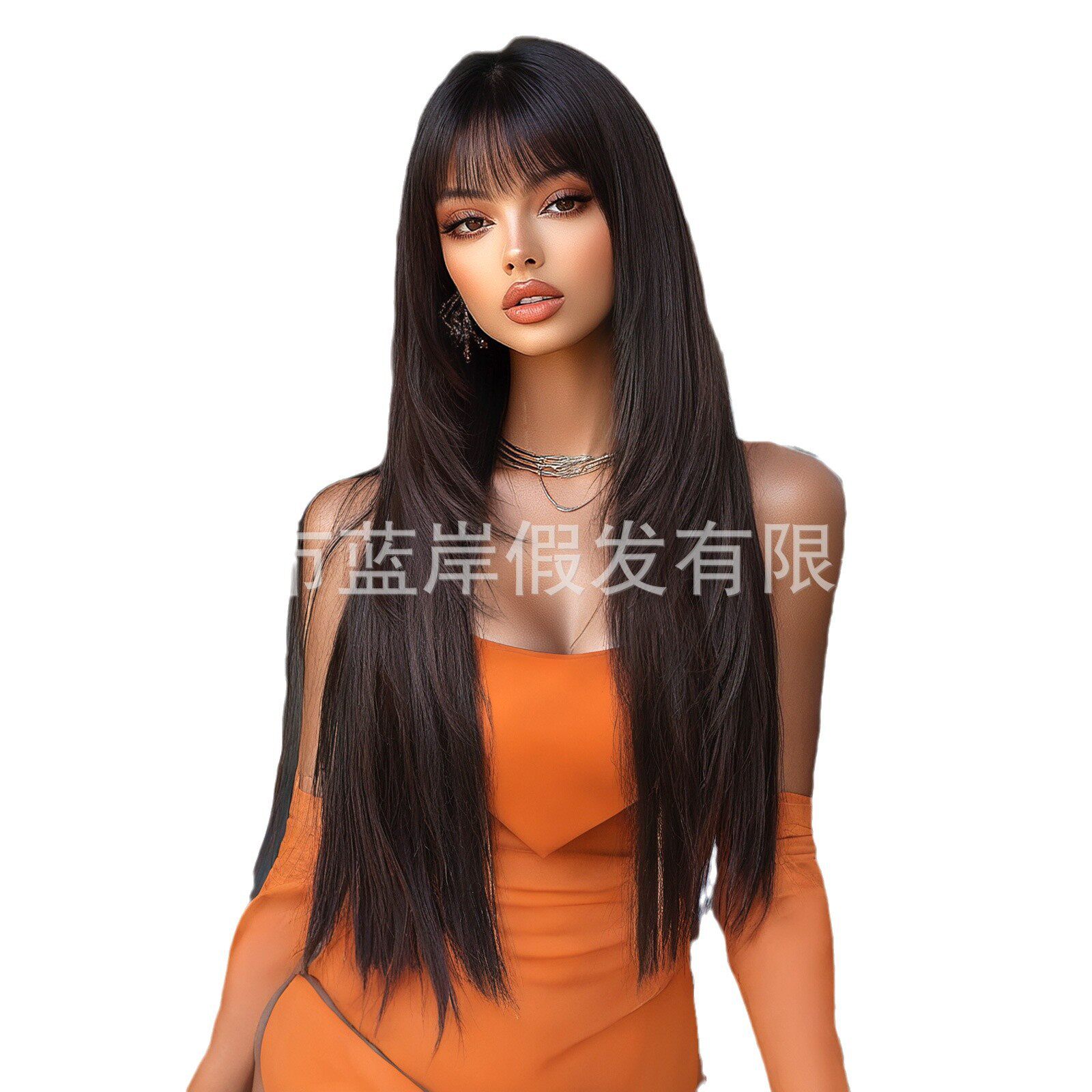 跨境新款假发女 纯欲风空气刘海30inch黑棕色层次感长直发 全头套