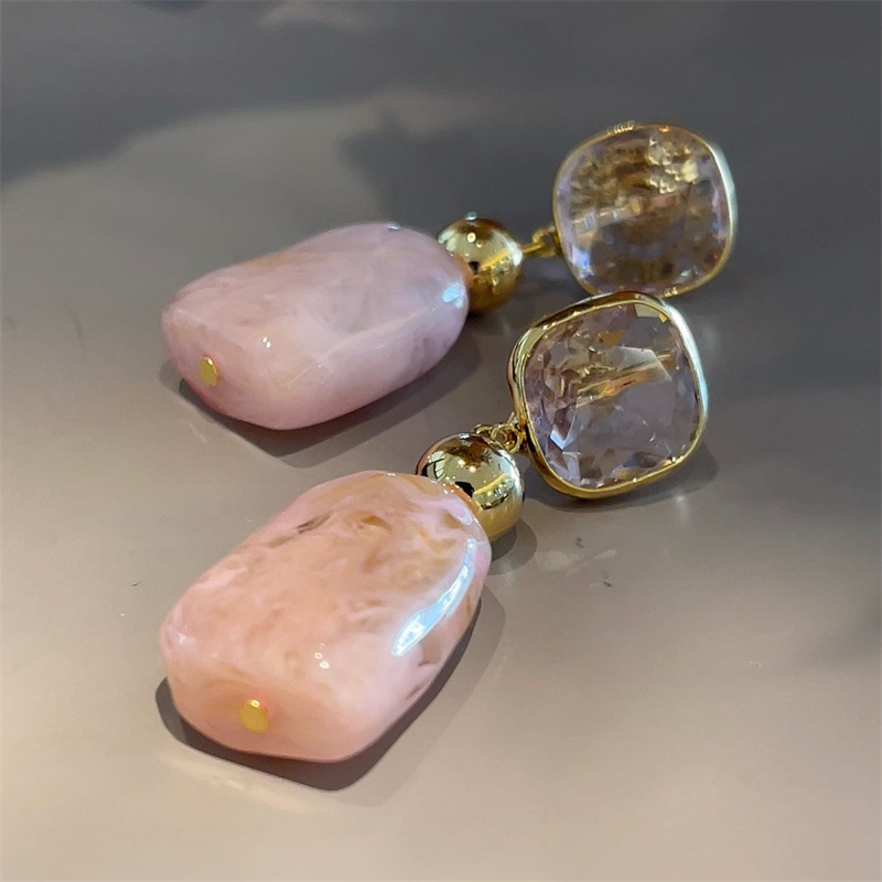 新款18K金属风粉玉石耳环925银针复古甜美简约时尚夏天耳饰品