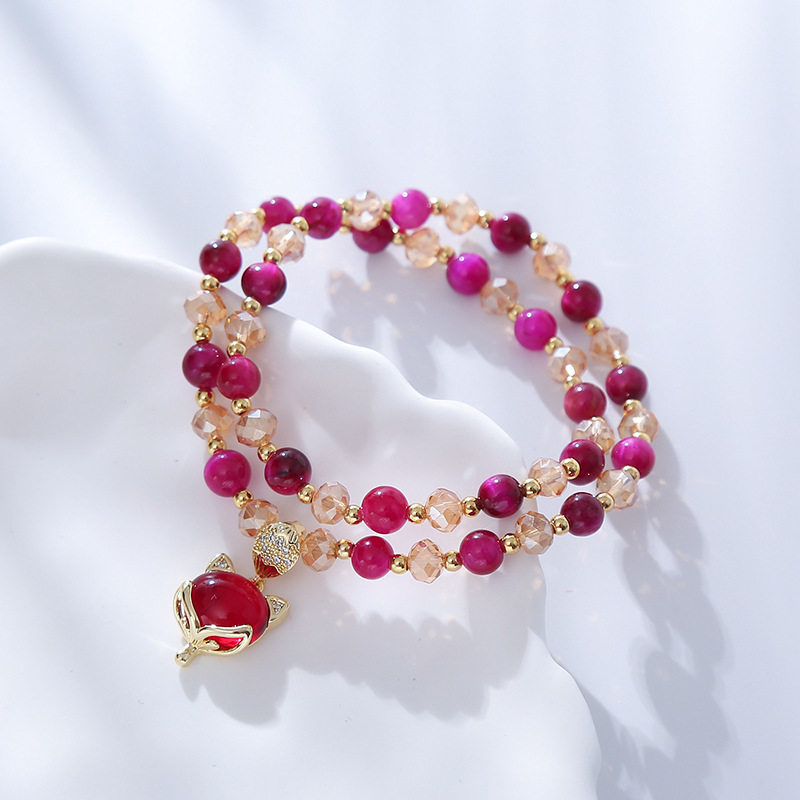 Natural Rosy Tiger's Eye Crystal Bracelet Double - layer Little Fox Bead String