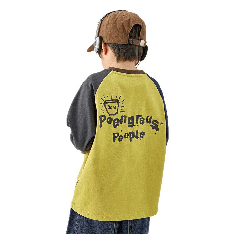 儿童纯棉T恤春秋季男童插肩长袖休闲中大童卫衣上衣100%棉