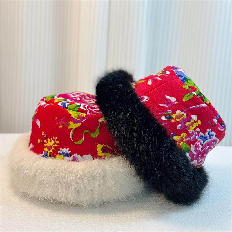 东北大花帽子2024新款民族风加厚毛绒渔夫帽防寒保暖蒙古帽秋冬季