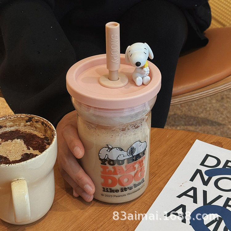 史努比大容量玻璃杯女生高颜值家用喝水杯成人耐高温吸管杯牛奶杯