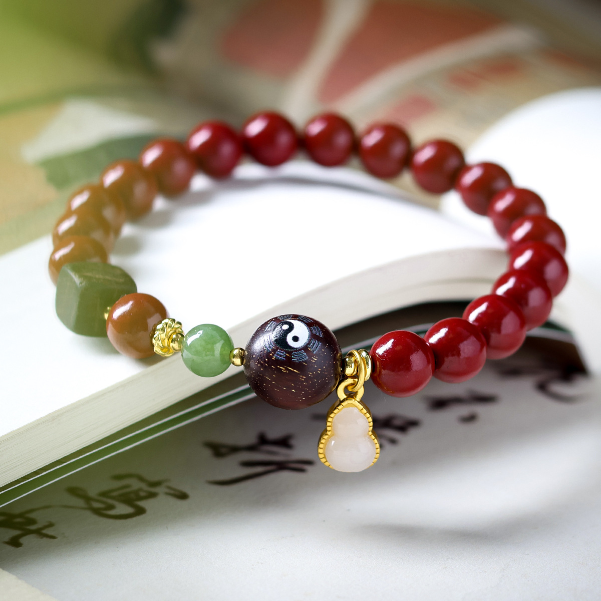 Taoist Bagua Cinnabar Bracelet, Evil Warding and Protection, Wealth Attraction and Luck Enhancement, Natural Cinnabar.