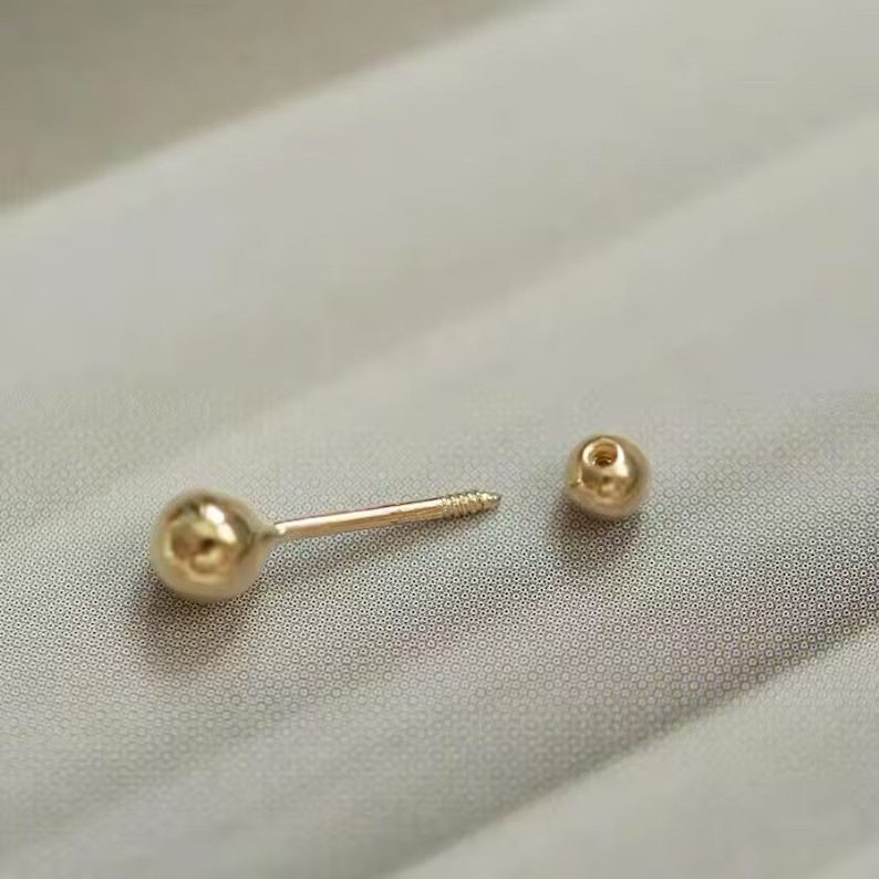 9K gold 2/3/4/5mm round gold bead screw earrings