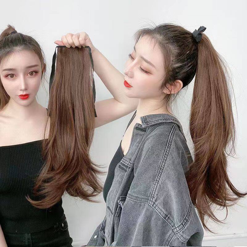厂家批发  假发女绑带式微卷马尾中长款逼真自然发尾卷假发片