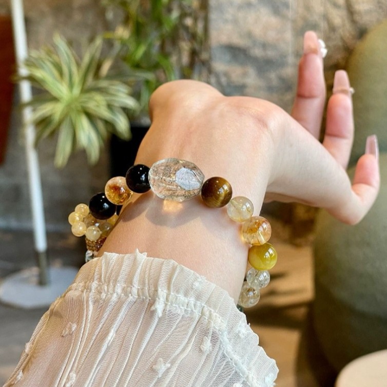 Natural Crystal Bracelet Black Gold Super Irregular Tiger's Eye Stone Gold Rutile Green Phantom Multi-Gem Bracelet - Energy Healing, Wealth Attraction, Luck Transformation