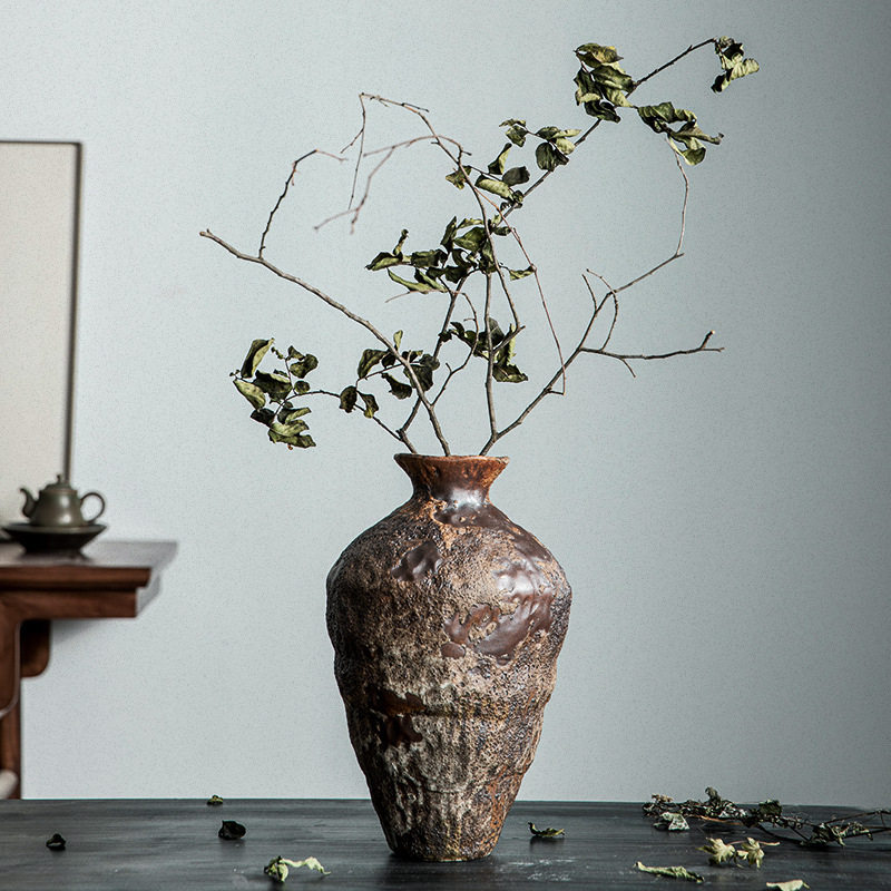 景德镇复古怀旧陶瓷花瓶侘寂风禅意摆件插花民宿酒店手工大粗陶罐