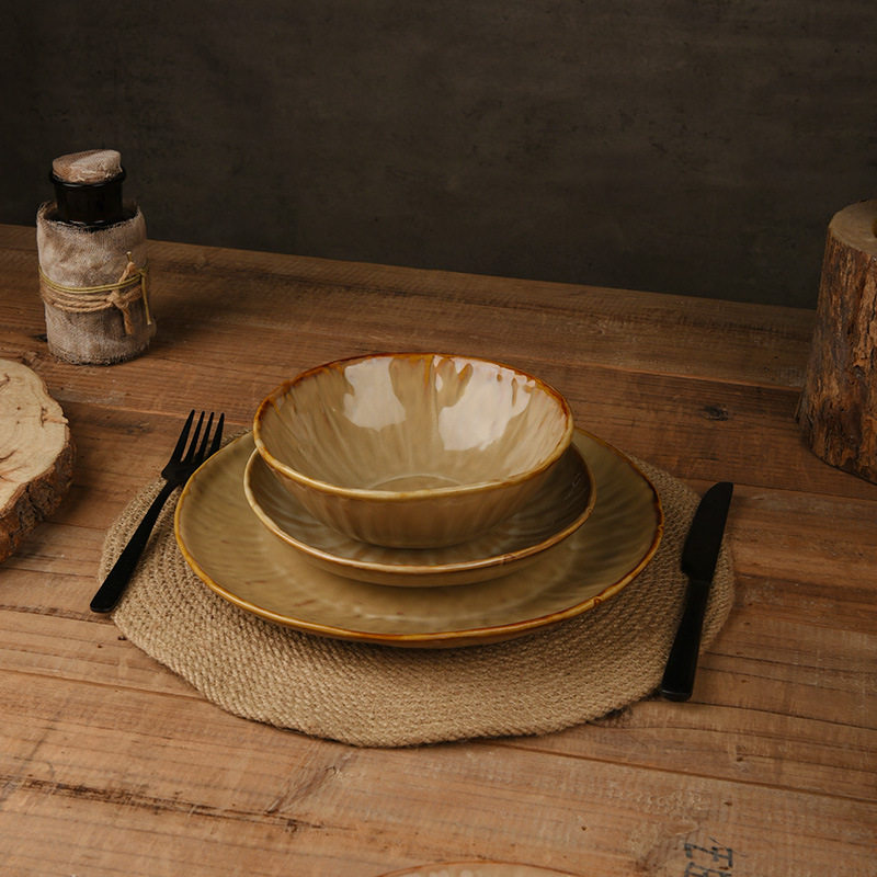 跨境专供日式复古风成人碗碟套装圆形窑变釉轻奢复古陶瓷碗