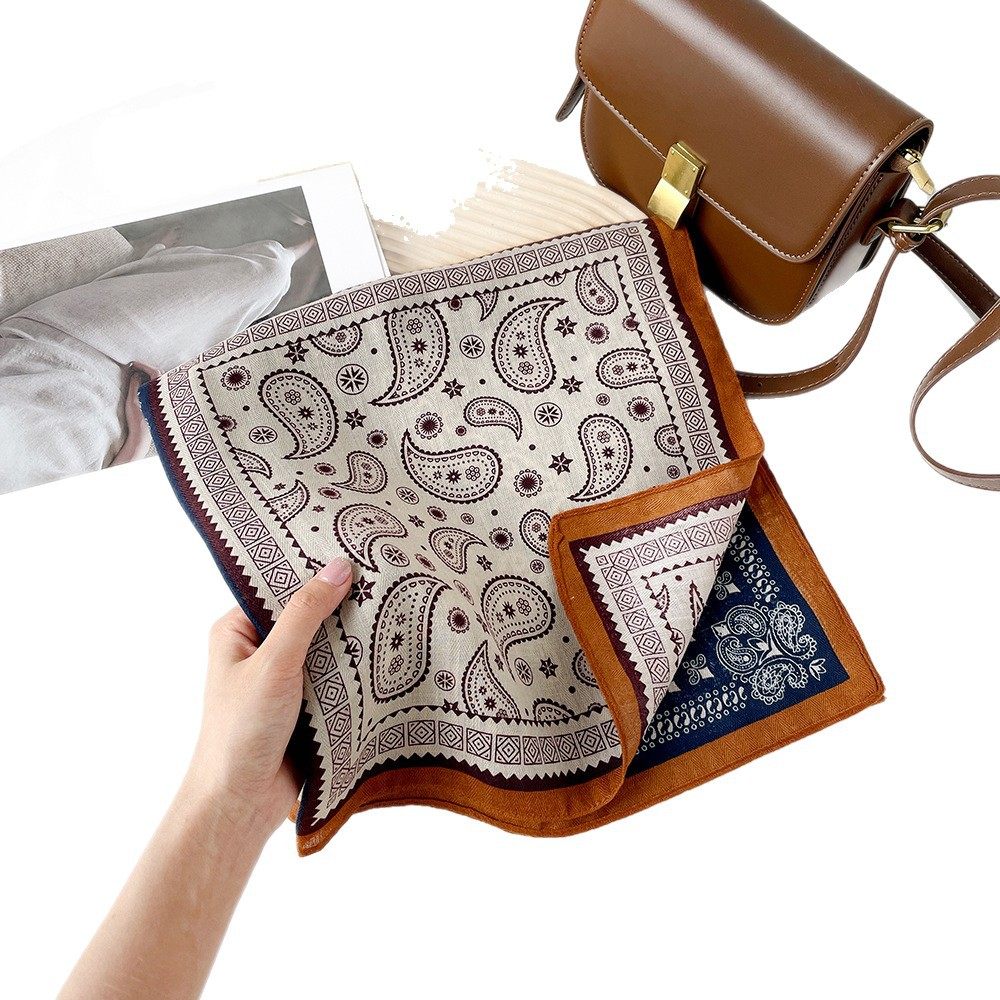 新款人字纹腰果丝巾拼色方巾文艺复古小方巾装饰围脖围巾透气领巾