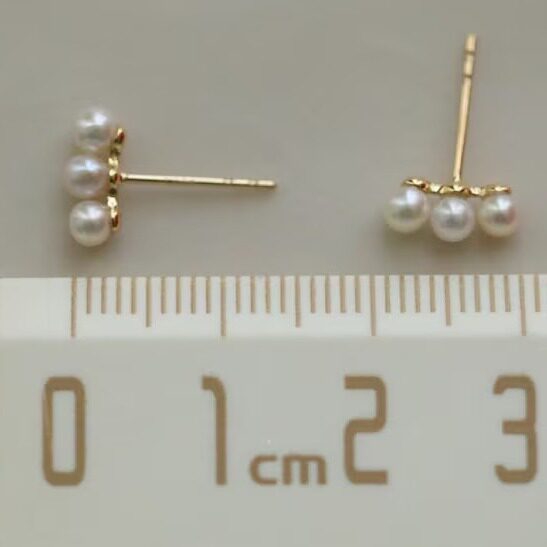 9k金 三颗一字淡水小珍珠耳钉