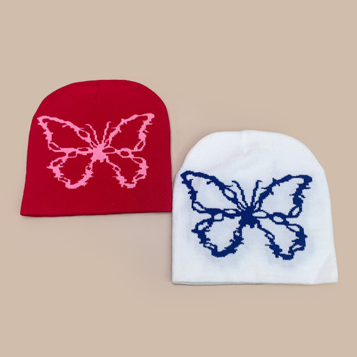 韩版蝴蝶结蝴蝶提花针织帽女士保暖休闲复古拼色冷帽套头帽子批发