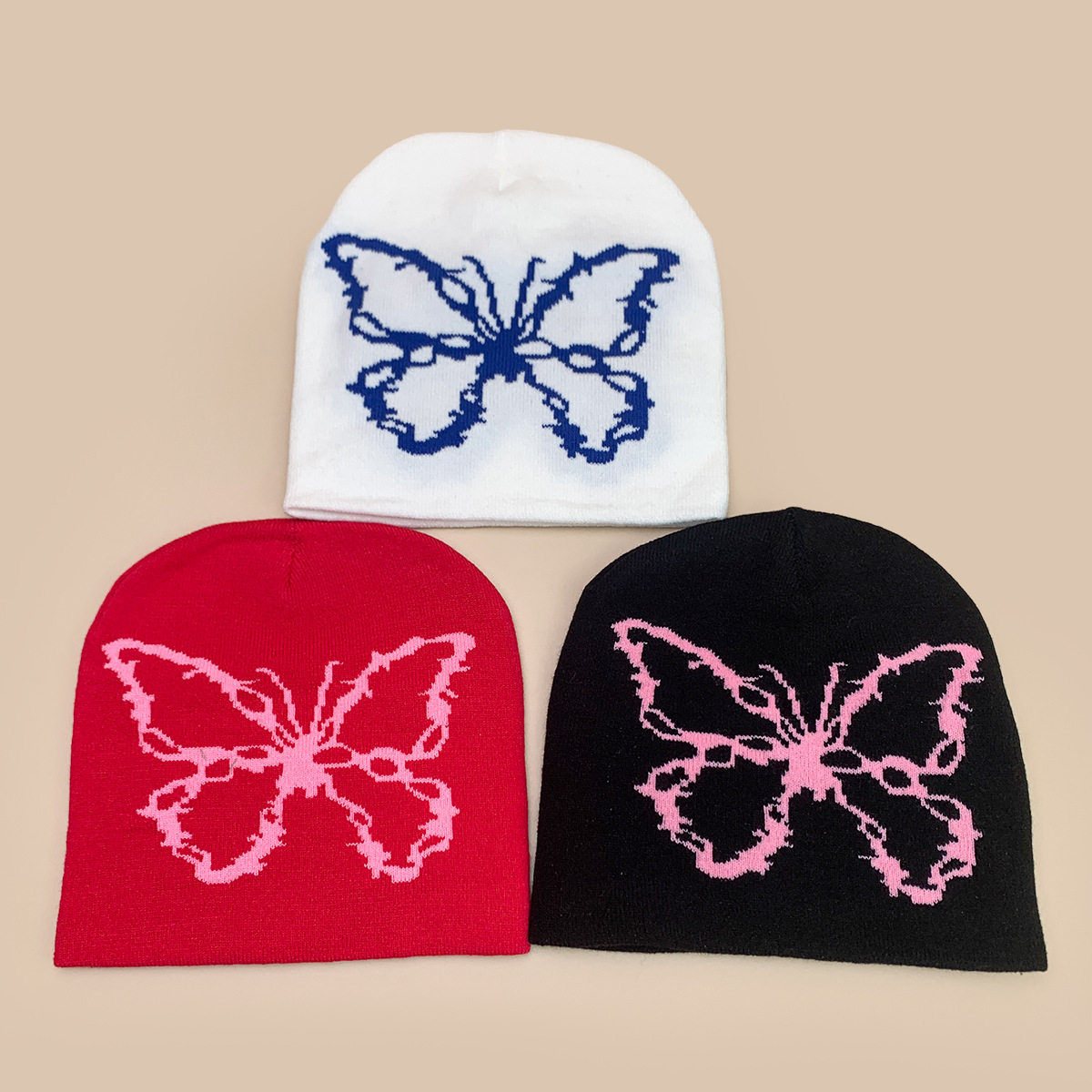 韩版蝴蝶结蝴蝶提花针织帽女士保暖休闲复古拼色冷帽套头帽子批发