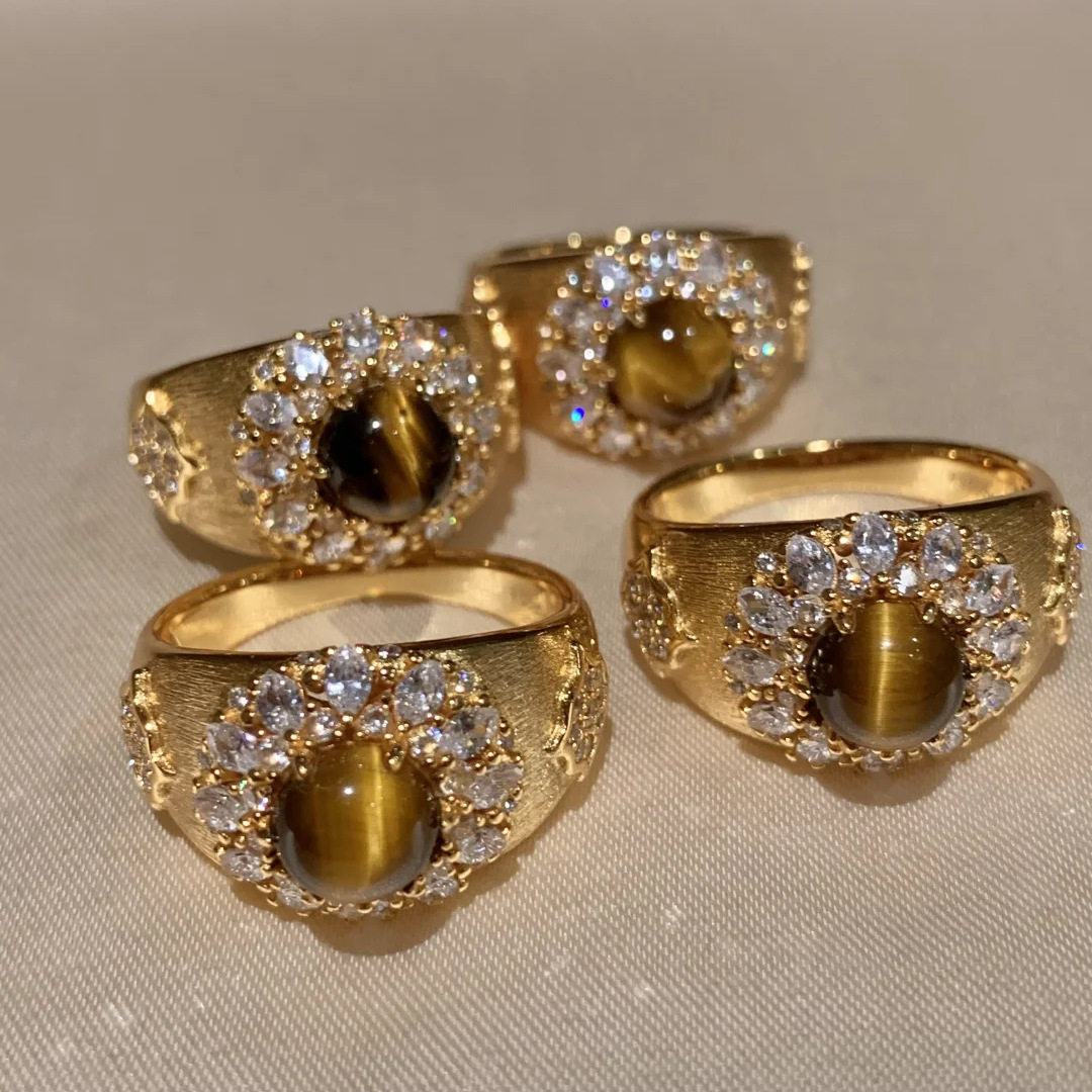 Vintage Tiger Eye Crystal Ring - Wide Band Statement Ring for Women