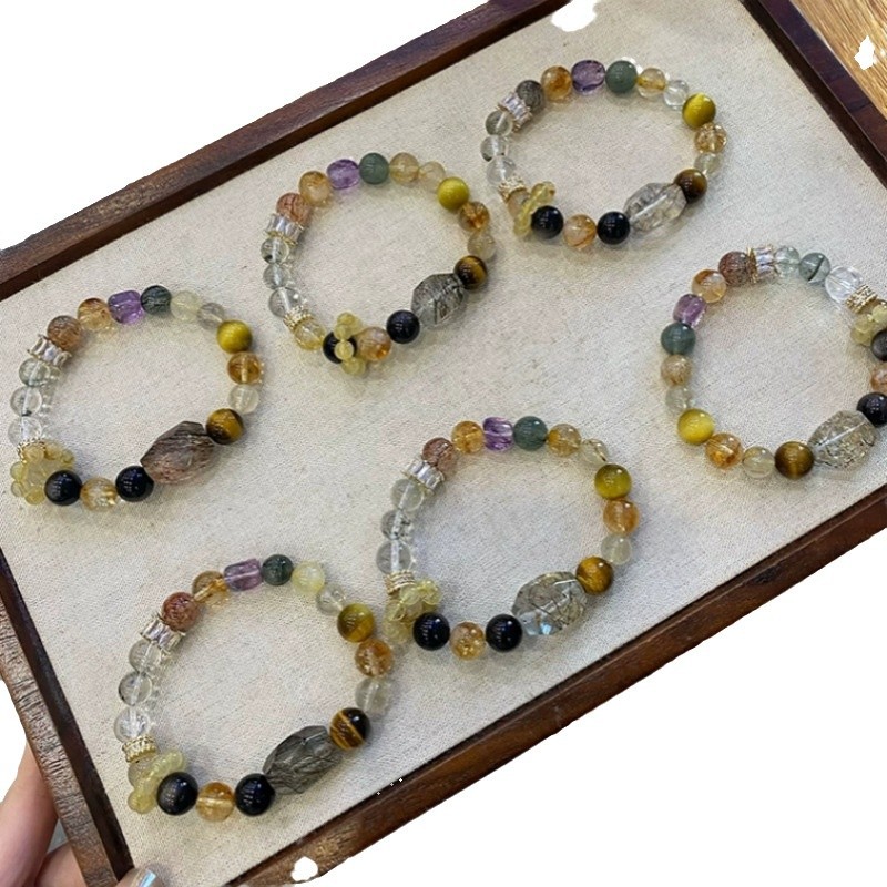 Natural Crystal Bracelet Black Gold Super Irregular Tiger's Eye Stone Gold Rutile Green Phantom Multi-Gem Bracelet - Energy Healing, Wealth Attraction, Luck Transformation