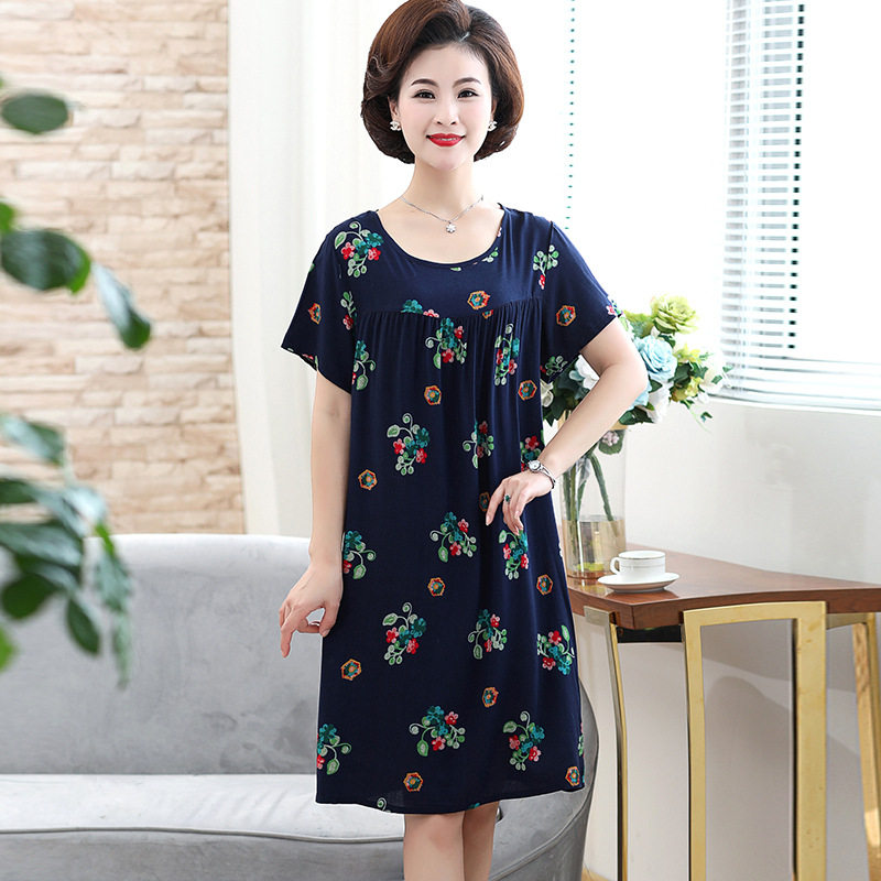 夏季地摊人造棉绸睡衣中老年成人短袖睡裙孕妇大码连衣裙一件代发