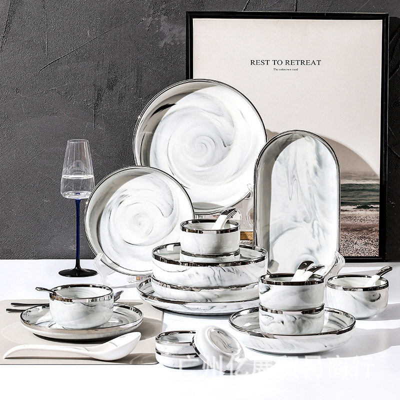 家用陶瓷饭碗鱼盘居家菜盘北欧餐具牛排盘大理石银边跨境陶瓷餐具