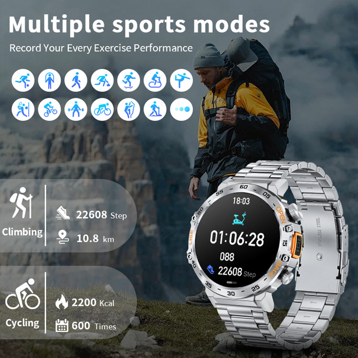 LIGE/利格新款商务蓝牙通话智能手表多功能运动音乐播放手电灯表